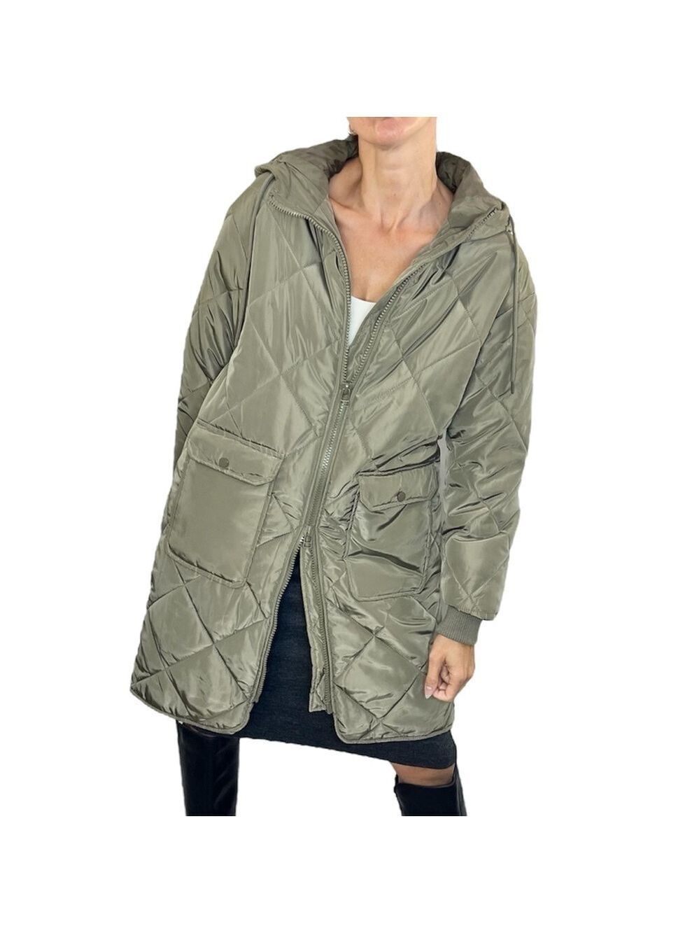 Ashley khaki green oversized quilted hooded minimalist puffer coat jacket S